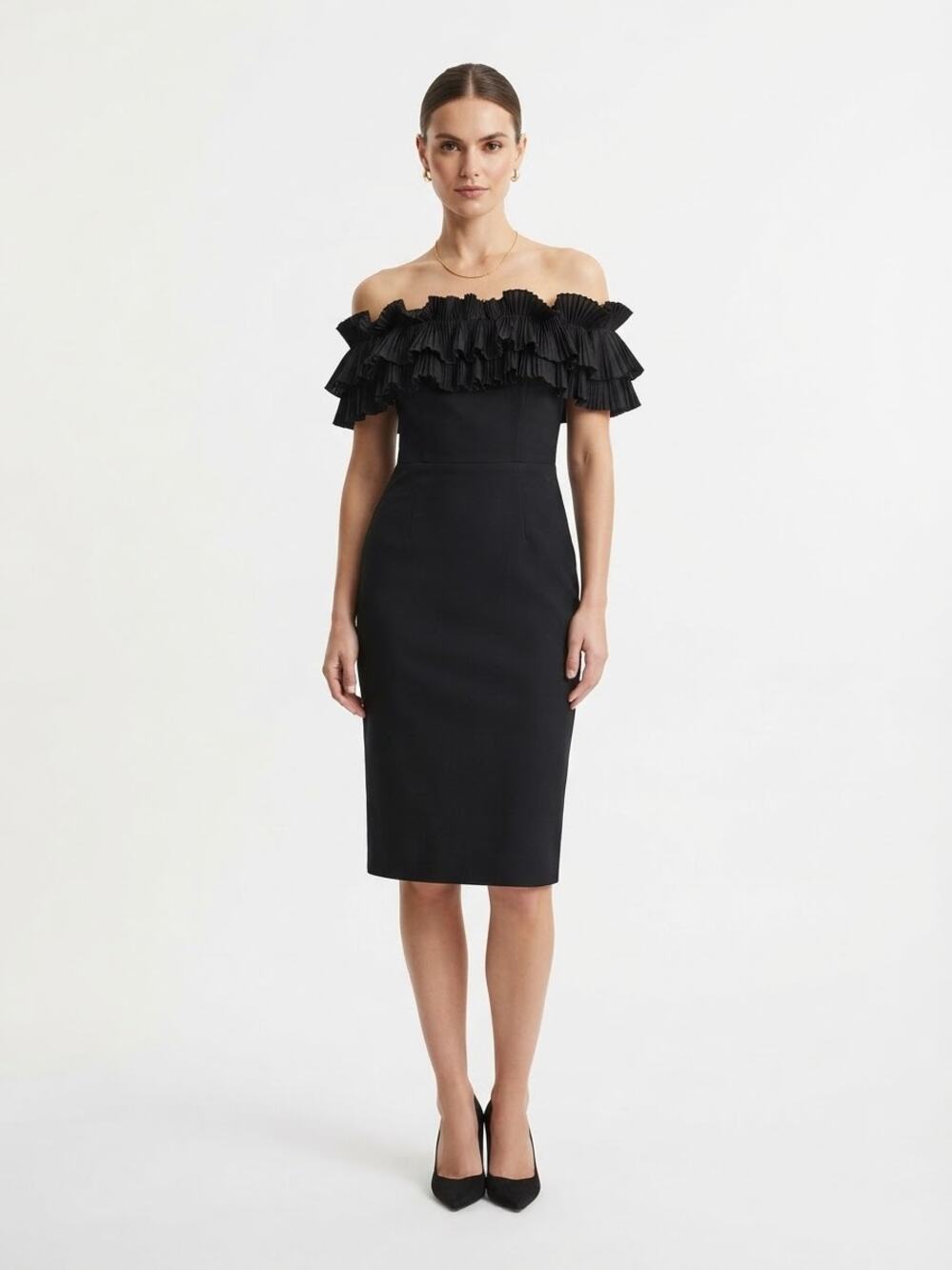 H&M Black Sheath Dress Ruffled Off-The-Shoulder Neckline Size S   Cocktail Chic